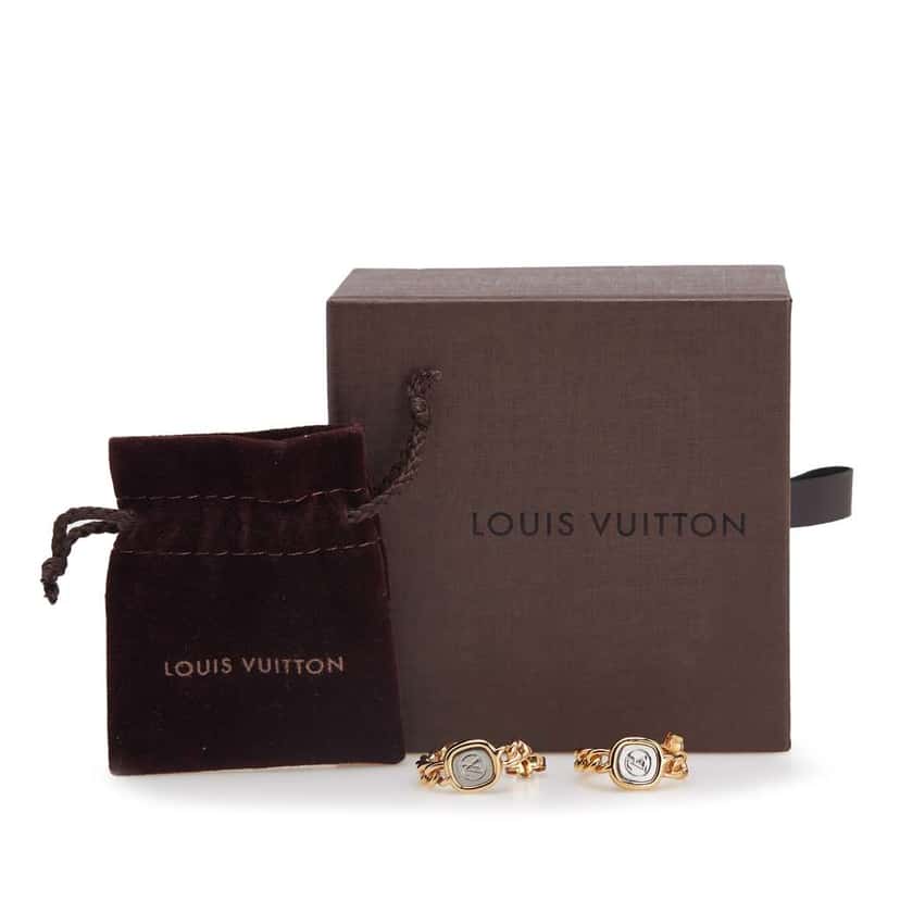 Louis Vuitton Gold Plated LV ID Chain Hoop Push Back Earrings Gold Metal Good condition - Model View