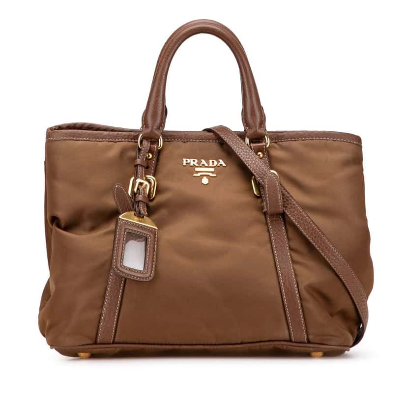 Prada Vitello Daino Trimmed Tessuto Satchel Brown Good condition - Front View