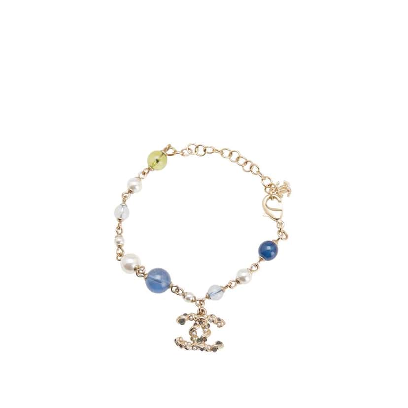 Chanel Gold Plated Faux Pearl Beaded CC Bracelet Gold Metal Good condition - Front View