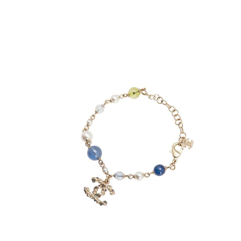 Chanel Gold Plated Faux Pearl Beaded CC Bracelet Gold Metal Good condition - Back View