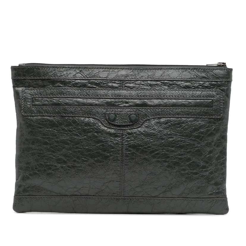 Balenciaga Lambskin Motocross Classic Clip Clutch Green Leather Good condition - Front View