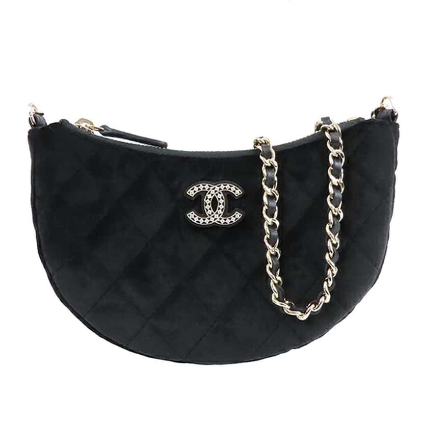 Chanel CC Quilted Velour Half Moon Chain Crossbody Black Velvet Good condition - Front View