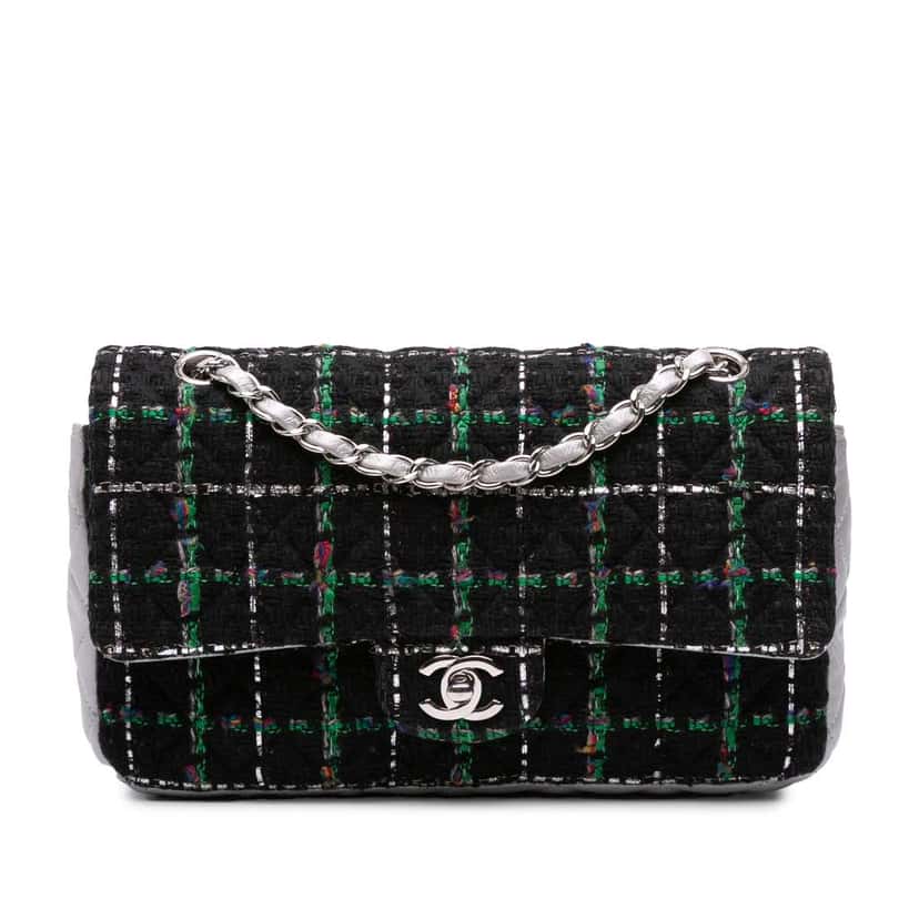 Chanel Medium Classic Quilted Tweed and Metallic Lambskin Double Flap Black Tweed Good condition - Front View