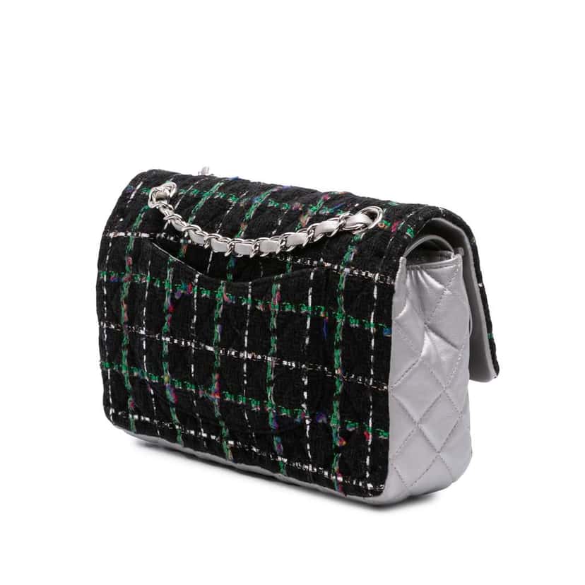 Chanel Medium Classic Quilted Tweed and Metallic Lambskin Double Flap Black Tweed Good condition - Back View