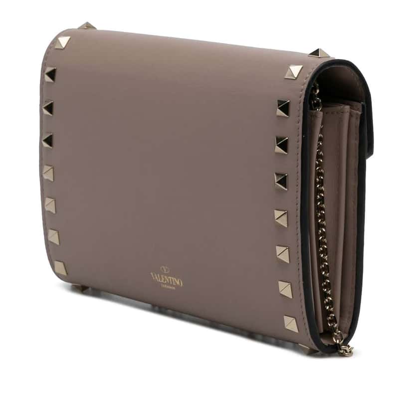Valentino Calfskin Rockstud Envelope Wallet on Chain Brown Leather Good condition - Back View
