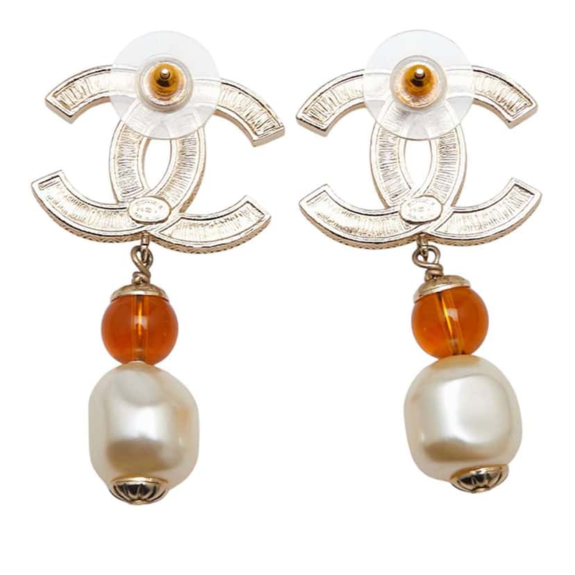 Chanel Gold Plated CC Rhinestones Pearl Drop Push Back Earrings Gold Metal Good condition - Back View