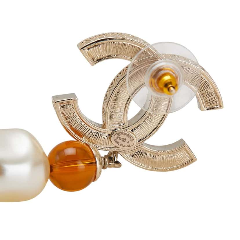 Chanel Gold Plated CC Rhinestones Pearl Drop Push Back Earrings Gold Metal Good condition - Inside View