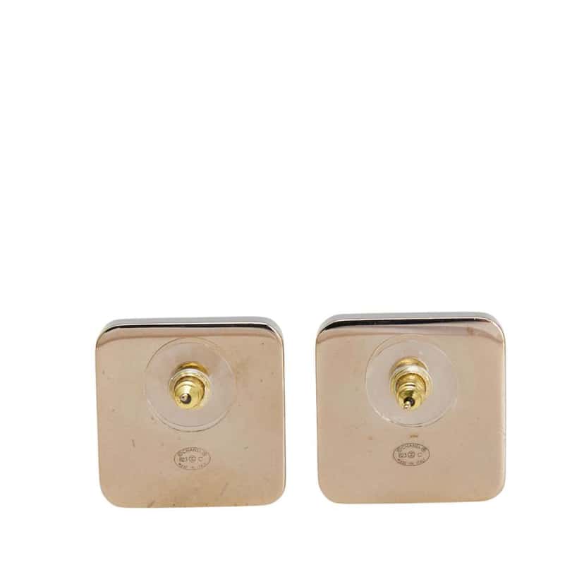 Chanel Silver Plated Enamel CC Square Push Back Earrings White Good condition - Back View