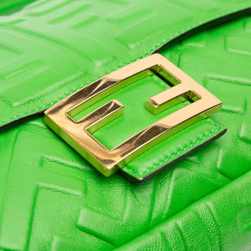 Fendi Zucca Embossed Leather Baguette Satchel Green Leather Good condition - Box View