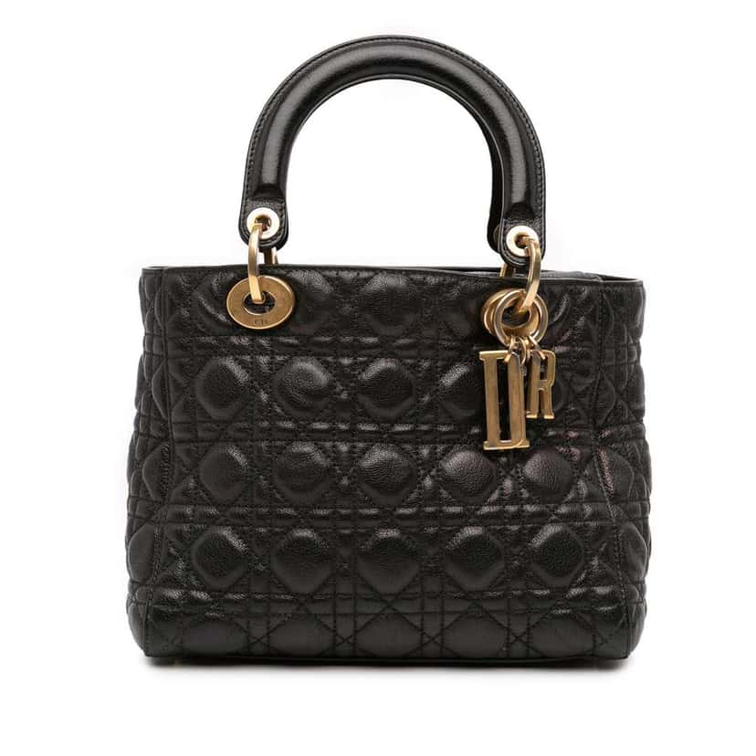 Dior Medium Grained Calfskin Cannage Supple Lady Dior Black Leather Good condition - Front View
