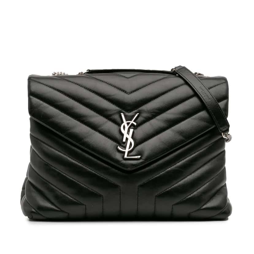 Saint Laurent Medium Chevron Leather Monogram LouLou Shoulder Bag Black Leather Good condition - Front View