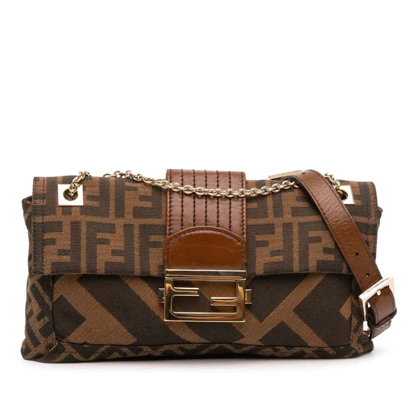 Fendi Zucca Canvas and Leather Chain Maxi Baguette Brown Canvas Good condition - Front View