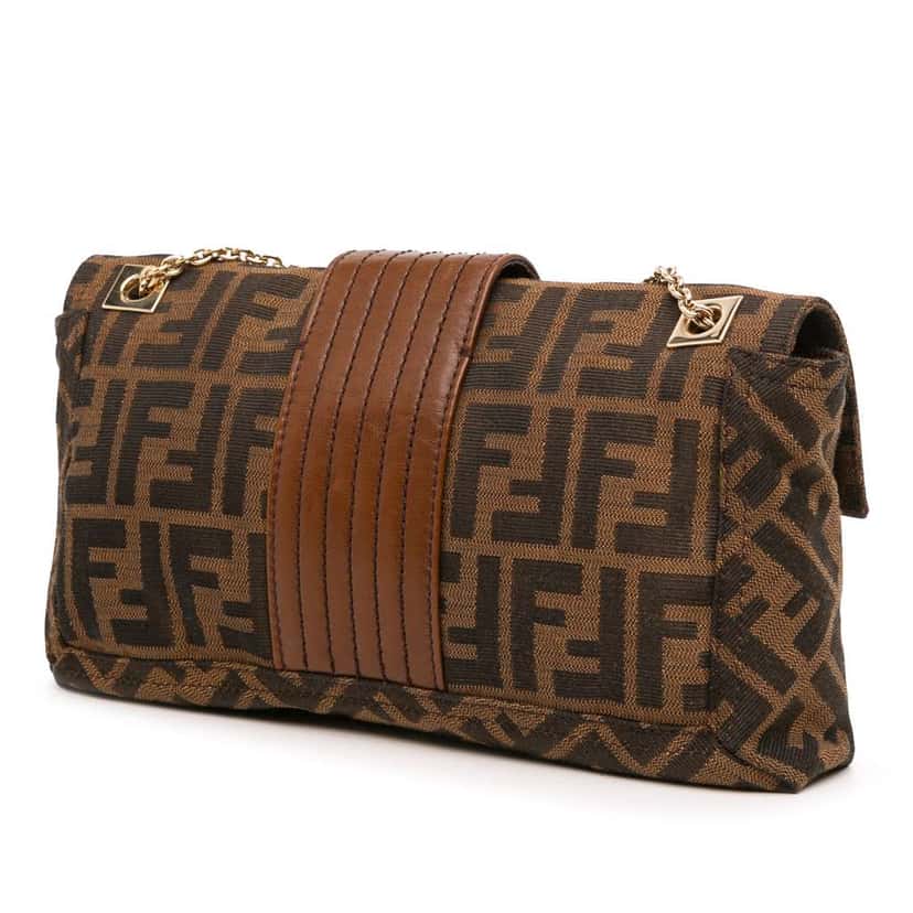 Fendi Zucca Canvas and Leather Chain Maxi Baguette Brown Canvas Good condition - Back View