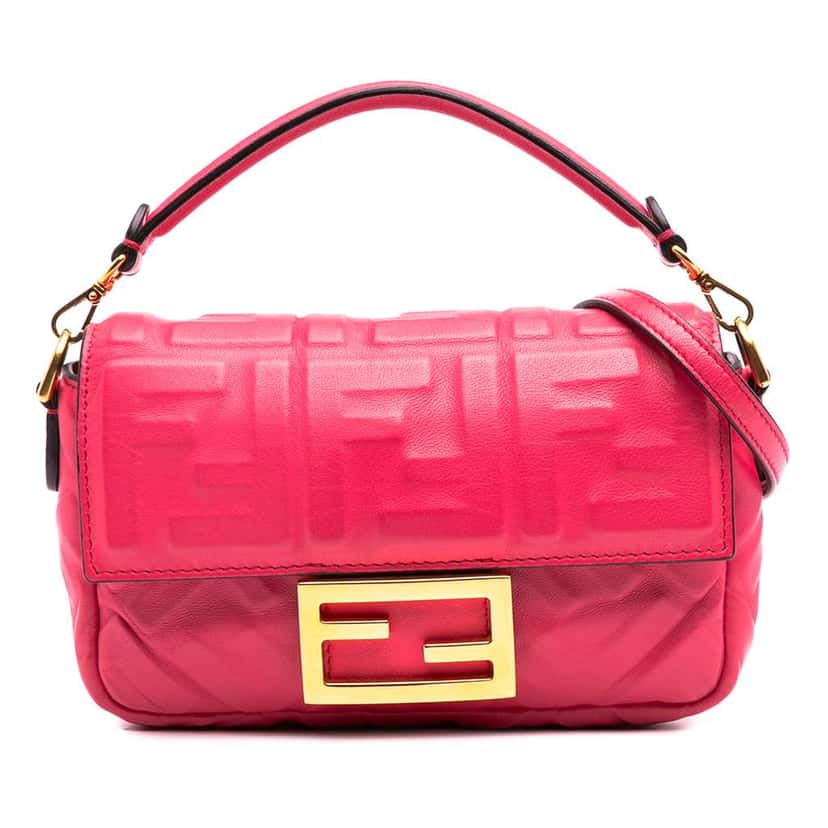 Fendi Mini Zucca Embossed Leather Baguette Satchel Pink Leather Good condition - Front View