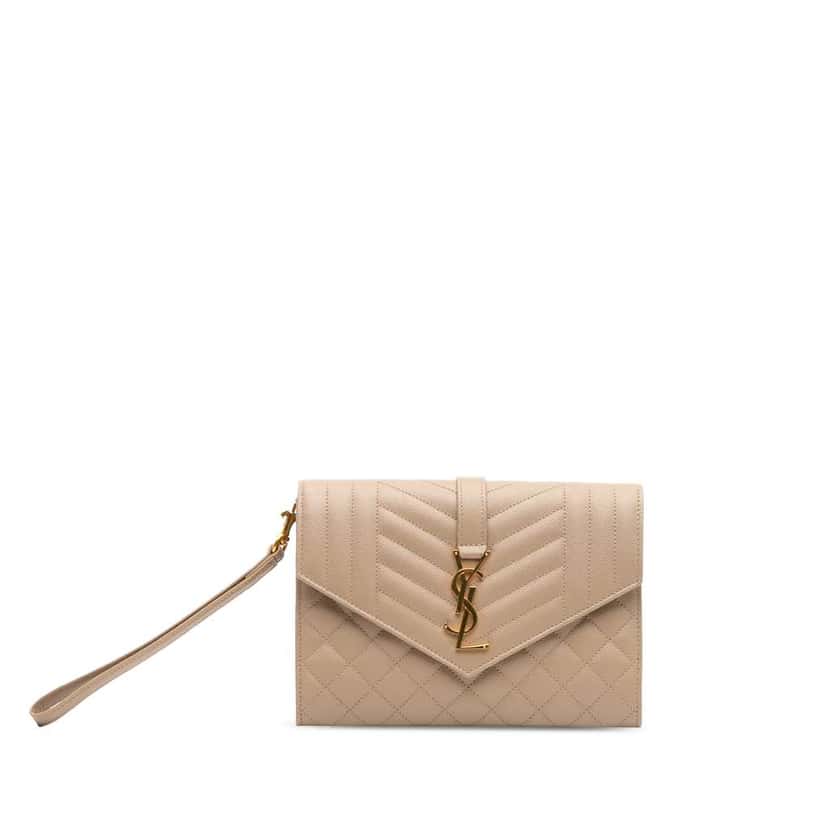 Saint Laurent Grain De Poudre Mix Matelasse Envelope Flap Pouch Brown Leather Very good condition - Front View