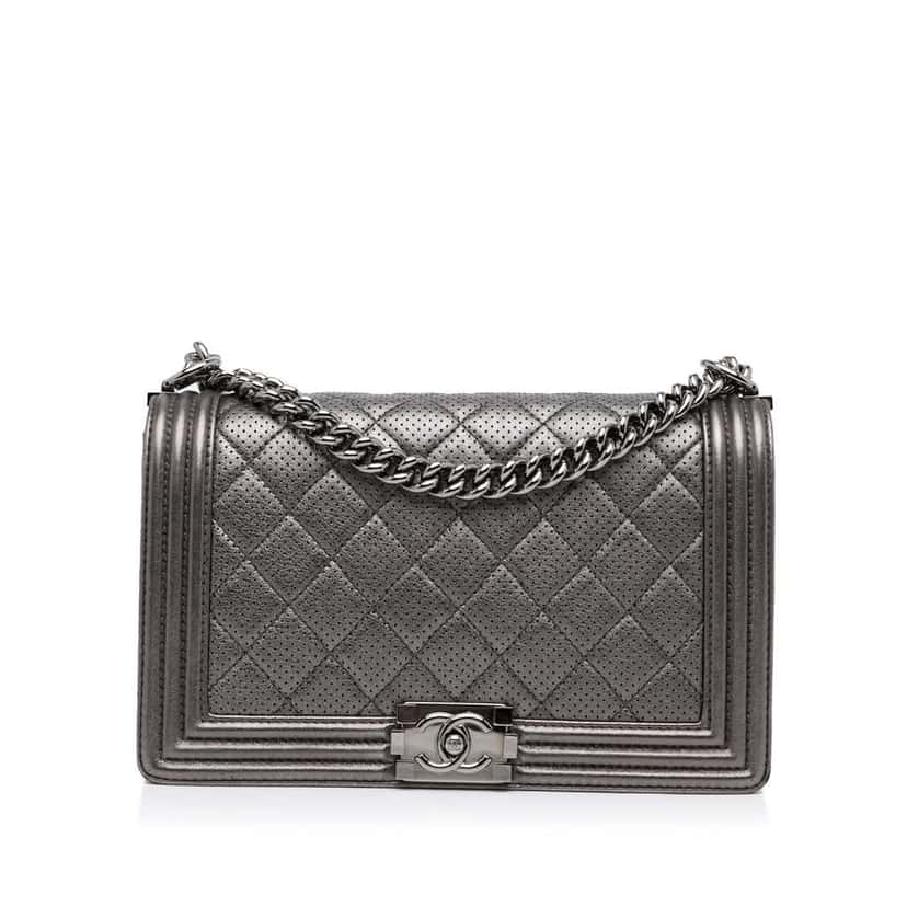 Chanel Medium Quilted Perforated Metallic Lambskin Boy Flap Grey Leather Good condition - Front View