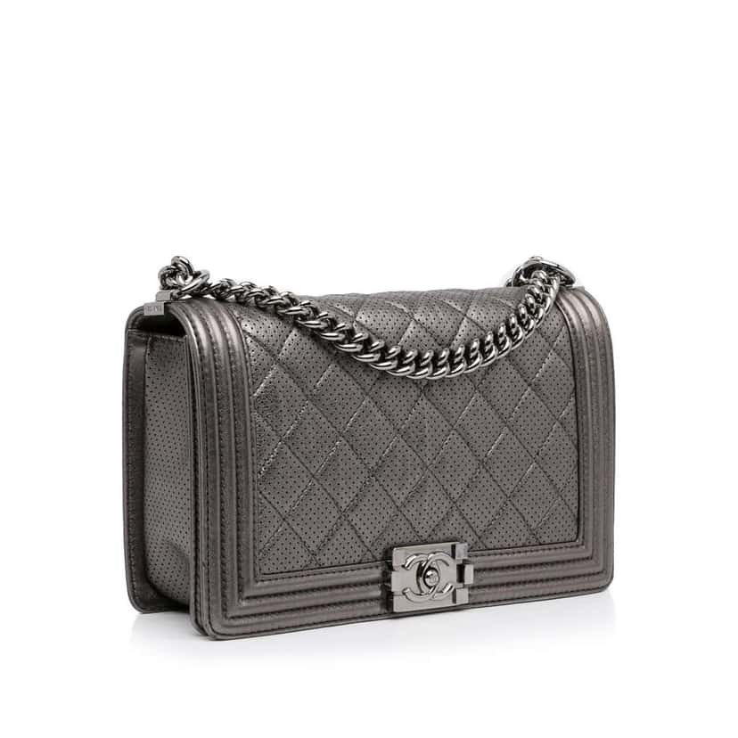 Chanel Medium Quilted Perforated Metallic Lambskin Boy Flap Grey Leather Good condition - Back View