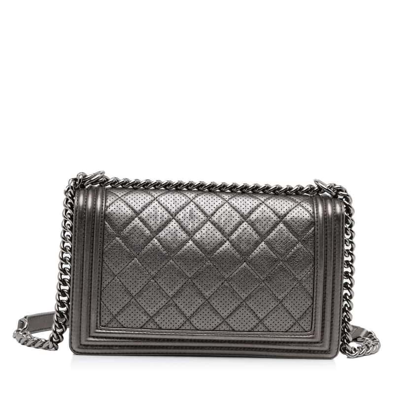 Chanel Medium Quilted Perforated Metallic Lambskin Boy Flap Grey Leather Good condition - Model View