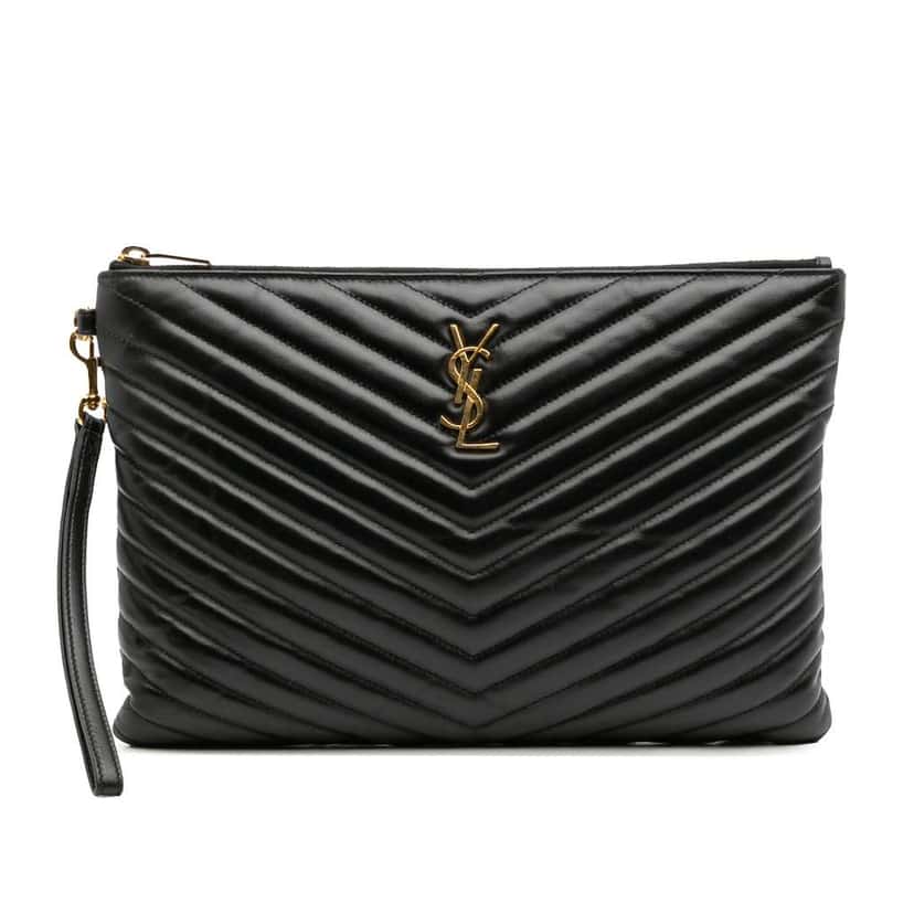Saint Laurent Leather Chevron Monogram Document Holder Black Leather Good condition - Front View