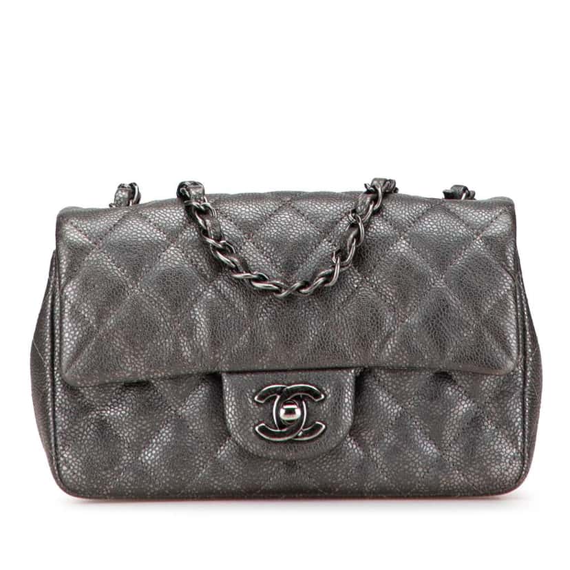 Chanel Mini Rectangular Classic Metallic Caviar Single Flap Grey Leather Good condition - Front View