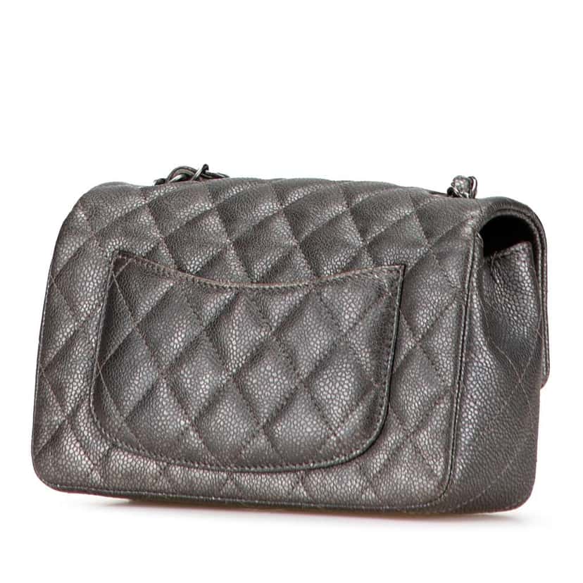 Chanel Mini Rectangular Classic Metallic Caviar Single Flap Grey Leather Good condition - Back View