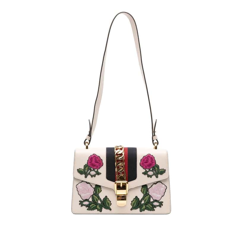 Gucci Small Floral Embroidered Leather Sylvie Satchel White Leather Good condition - Front View