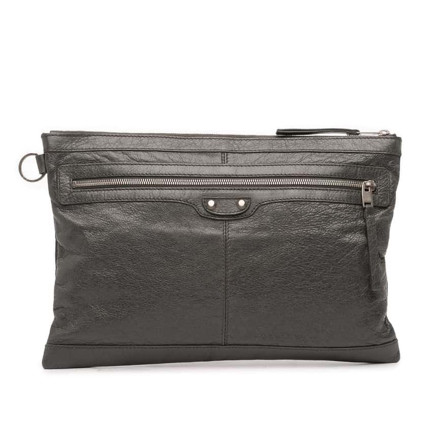 Balenciaga Lambskin Motocross Classic Clip L Clutch Black Leather Good condition - Front View