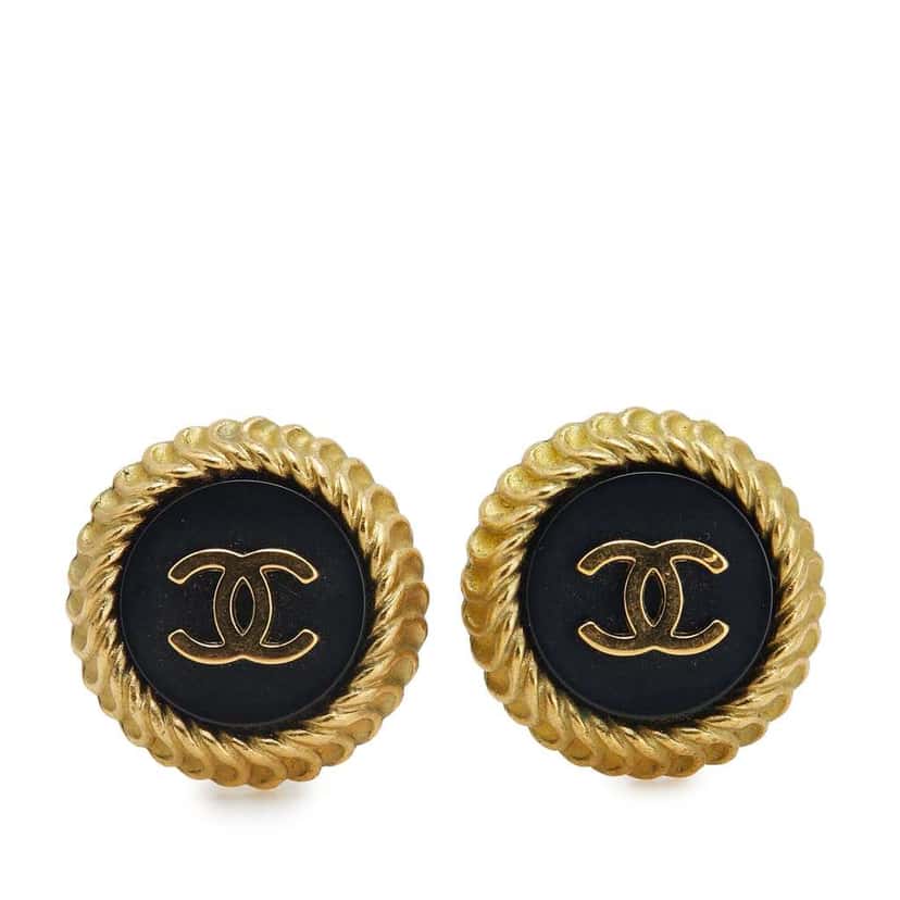 Chanel Gold Plated and Enamel CC Round Button Clip On Earrings Black Good condition - Front View