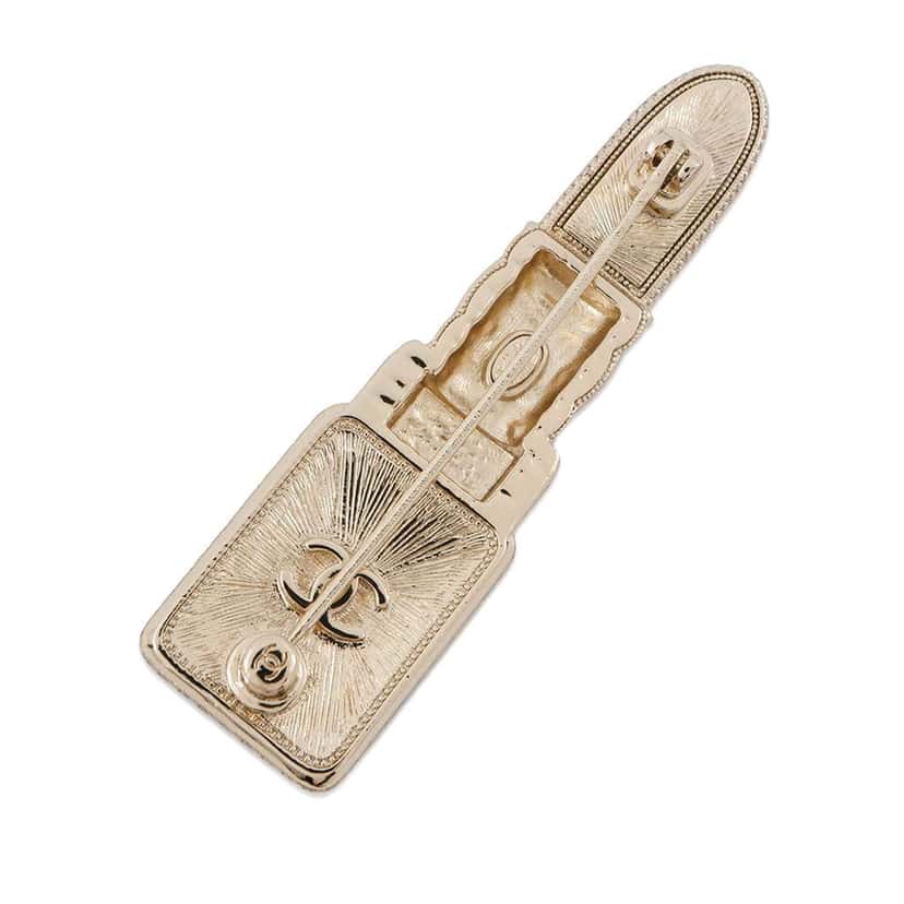 Chanel Gold Plated Resin Crystal Lipstick Brooch Gold Metal Good condition - Back View