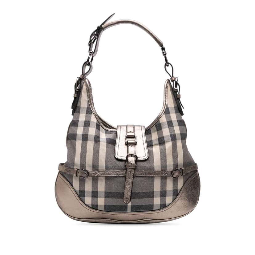 Burberry Smoke Check Coated Canvas Brooke Hobo Grey Canvas Good condition - Front View