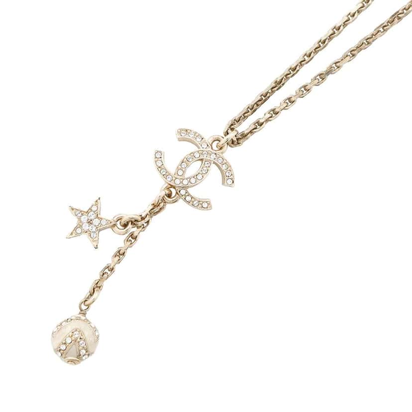 Chanel Gold Plated CC Rhinestones Star and Ball Pendant Necklace Gold Metal Good condition - Front View