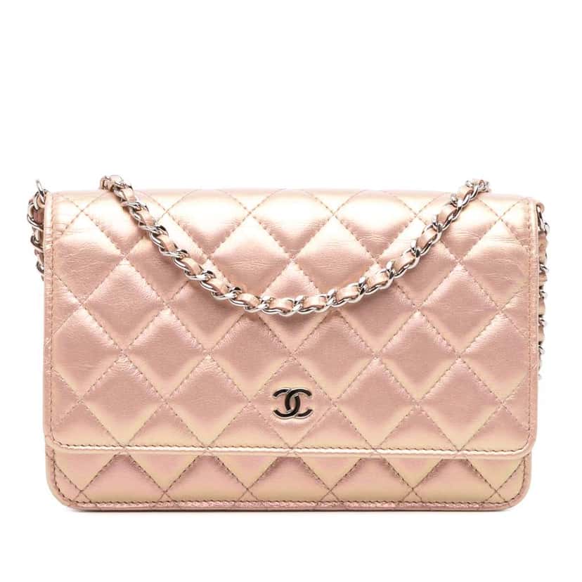 Chanel Quilted Iridescent Lambskin Wallet on Chain Pink Leather Good condition - Front View