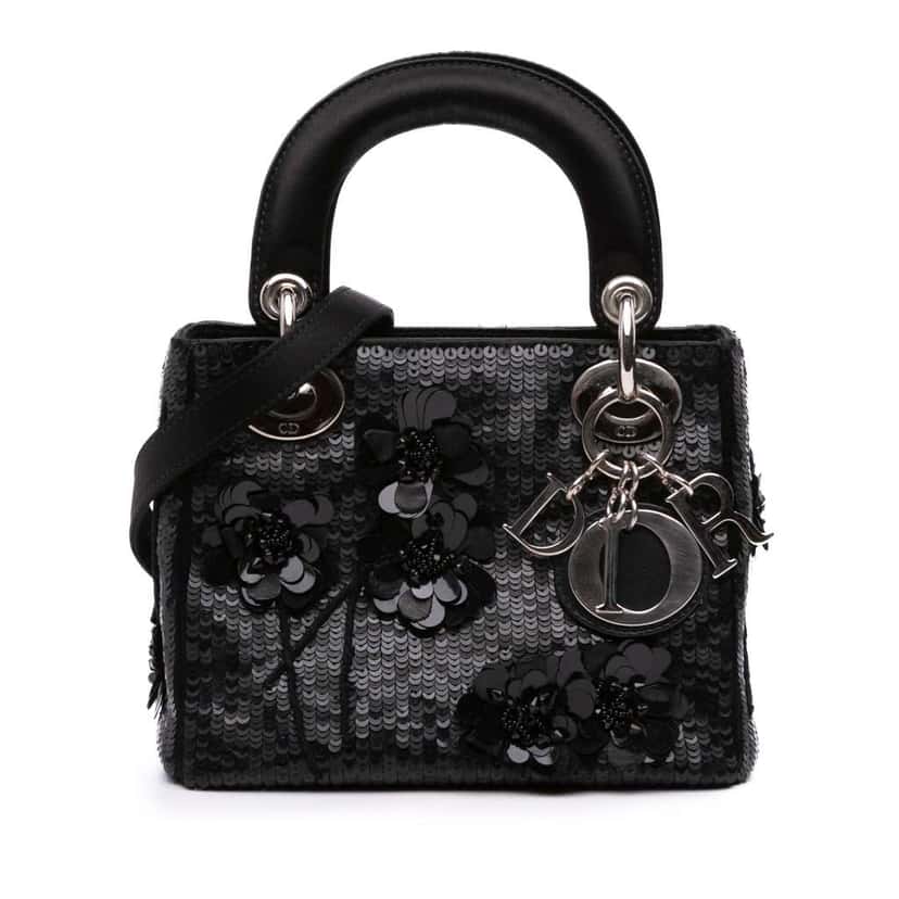 Dior Mini Satin Sequin Flower Embellished Lady Dior Black Satin Good condition - Front View