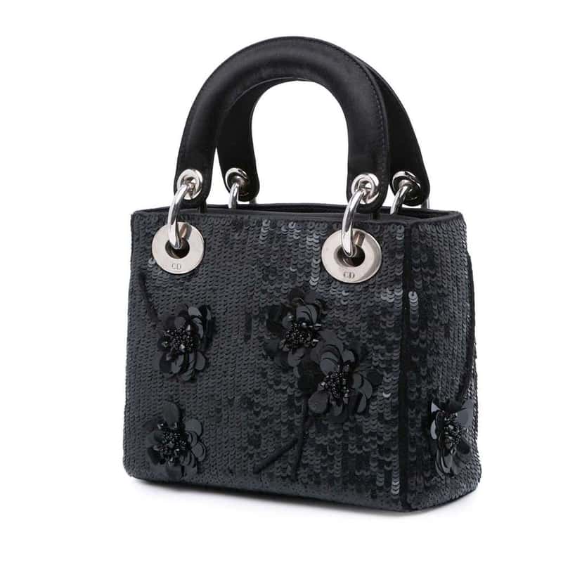 Dior Mini Satin Sequin Flower Embellished Lady Dior Black Satin Good condition - Back View