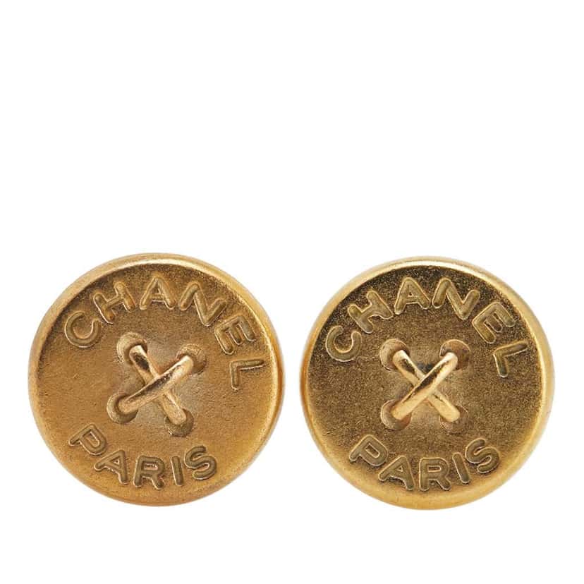 Chanel Gold Plated Round Button Clip On Earrings Gold Metal Good condition - Front View