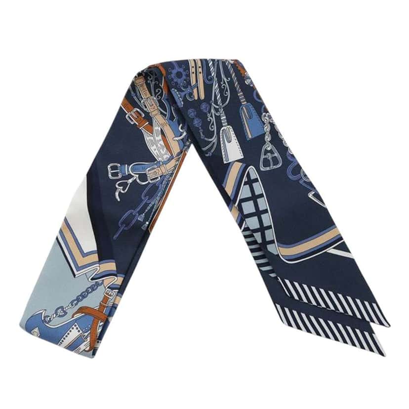 Hermès Saddlemaker's Bouquet Twilly Scarf Blue Silk Good condition - Front View