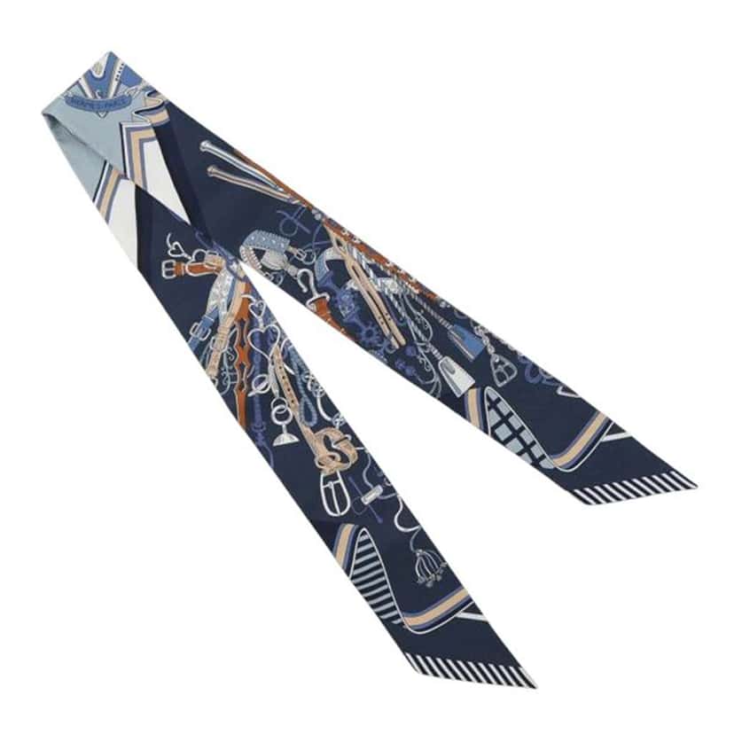 Hermès Saddlemaker's Bouquet Twilly Scarf Blue Silk Good condition - Back View