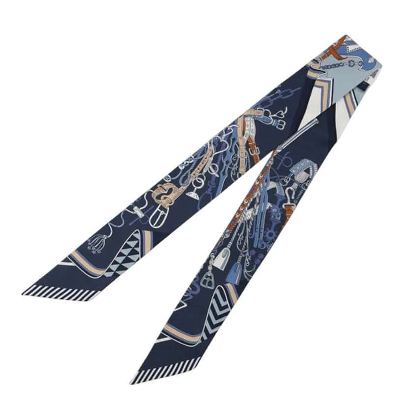 Hermès Saddlemaker's Bouquet Twilly Scarf Blue Silk Good condition - Inside View