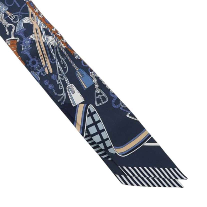 Hermès Saddlemaker's Bouquet Twilly Scarf Blue Silk Good condition - Model View
