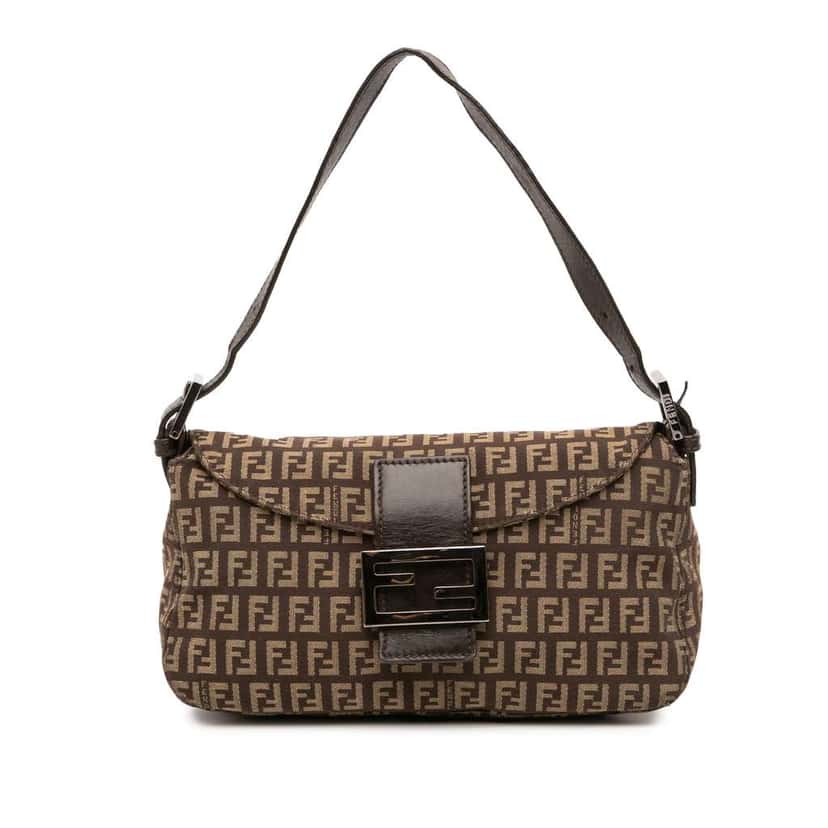 Fendi Zucchino Canvas Double Flap Shoulder Bag Brown Canvas Good condition - Front View