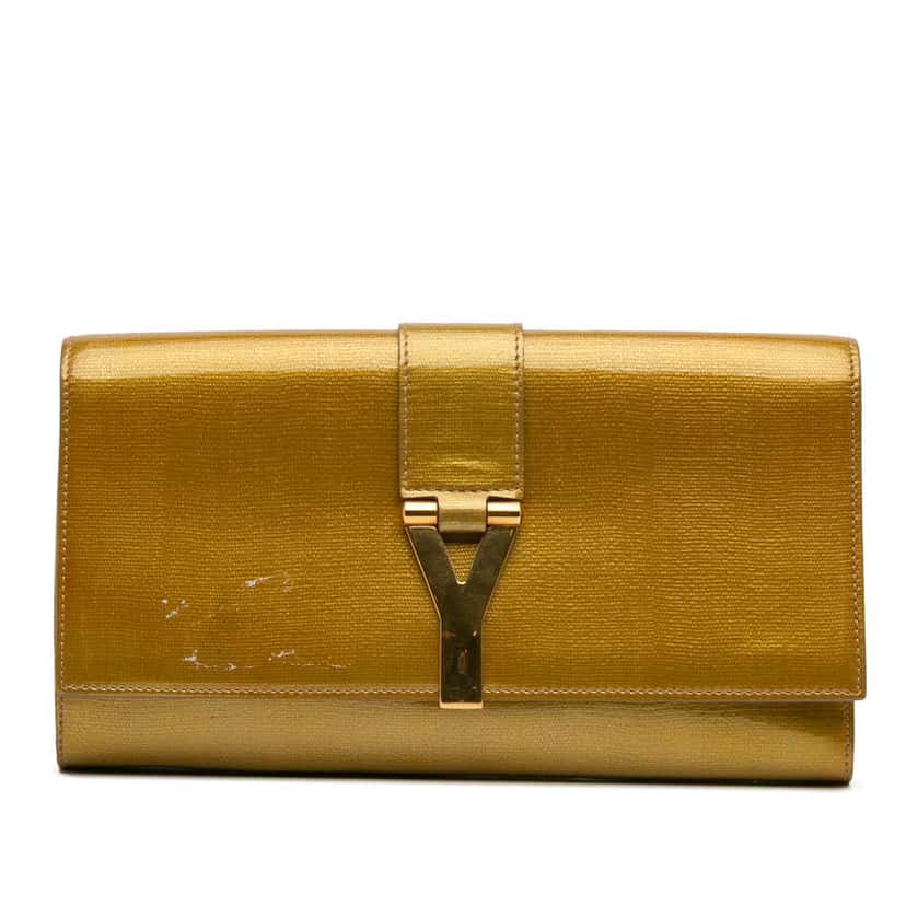 Saint Laurent Patent Chyc Ligne Clutch Gold Leather Good condition - Front View
