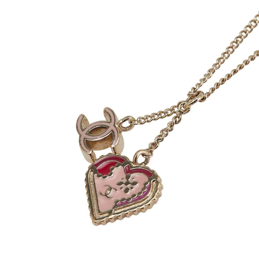 Chanel Gold Plated Enamel CC Heart Pendant Necklace Gold Metal Good condition - Back View