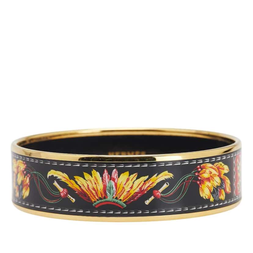 Hermès Wide Enamel Brazil Feather Bangle 70 Black Good condition - Front View