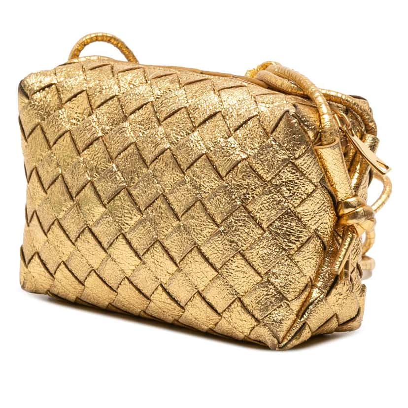 Bottega Veneta Mini Metallic Lambskin Intrecciato Loop Camera Bag Gold Leather Good condition - Back View