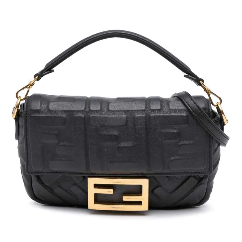 Fendi Mini Zucca Embossed Leather Baguette Satchel Black Leather Good condition - Front View