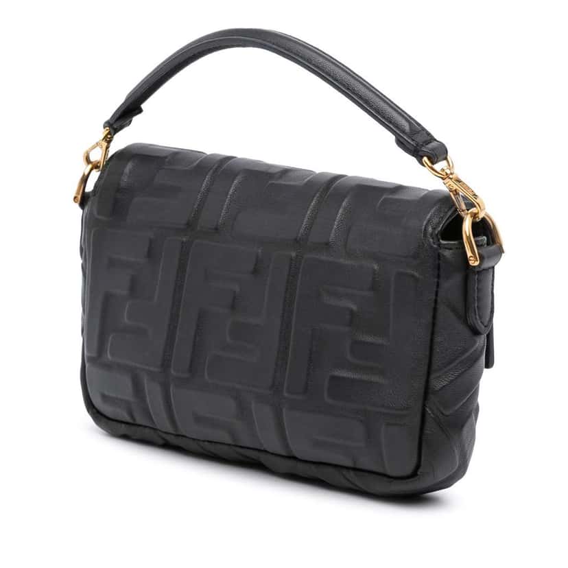 Fendi Mini Zucca Embossed Leather Baguette Satchel Black Leather Good condition - Back View