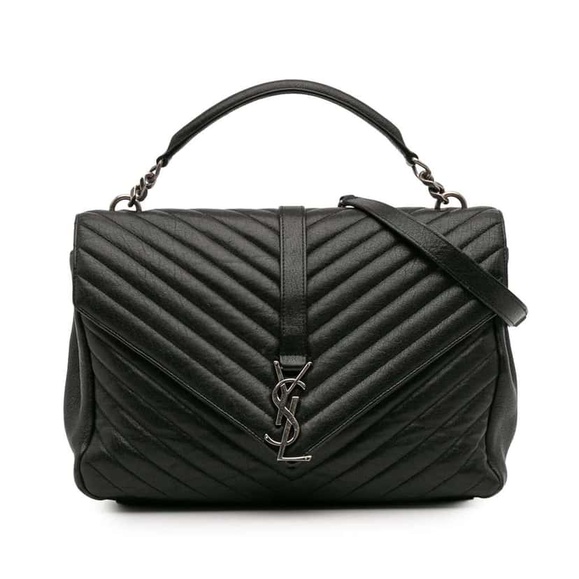 Saint Laurent Large Chevron Sheepskin Monogram College Bag Black Leather Good condition - Front View