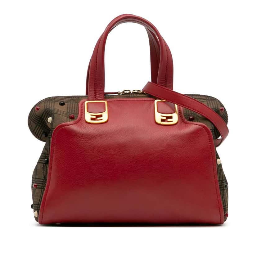 Fendi Leather and Studded Canvas Colorblock Chameleon Satchel Red Leather Good condition - Front View