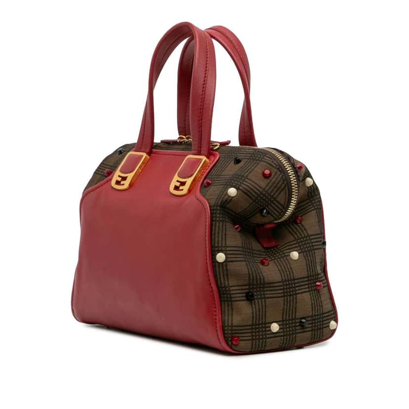 Fendi Leather and Studded Canvas Colorblock Chameleon Satchel Red Leather Good condition - Back View