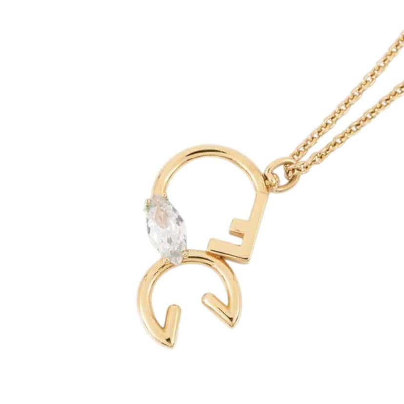 Fendi Gold Plated Metal Rhinestone Pendant Necklace Gold Metal Good condition - Front View